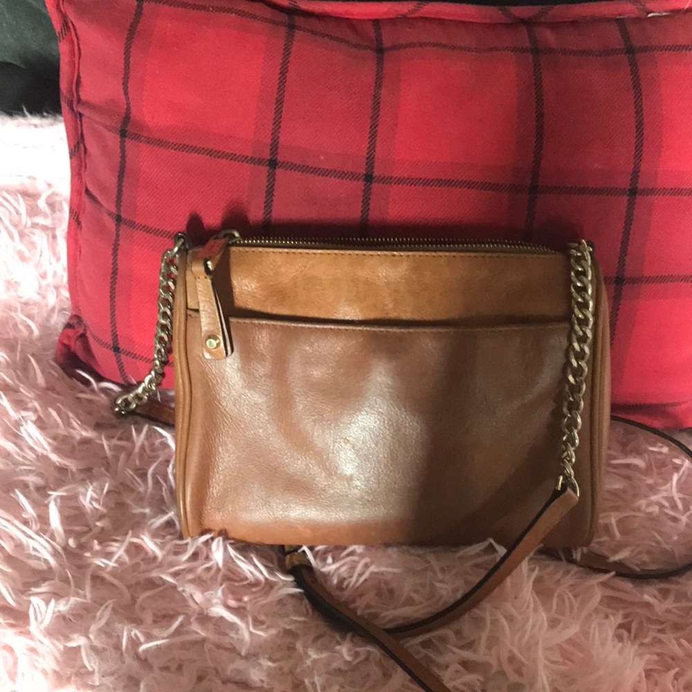 Compact Tan Crossbody Bag with Front Zip Pocket